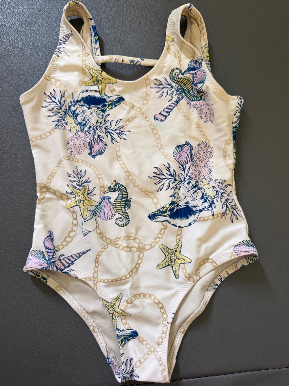 Girls One-Piece Swimsuit with Seashell & Seahorse Print - Cream